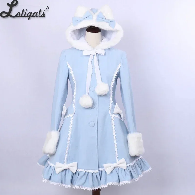 

Women's Winter Single Breasted Coat Lovely Cat Ear Lolita Hooded Light Blue Warm Long Coat