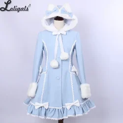 Women's Winter Single Breasted Coat Lovely Cat Ear Lolita Hooded Light Blue Warm Long Coat