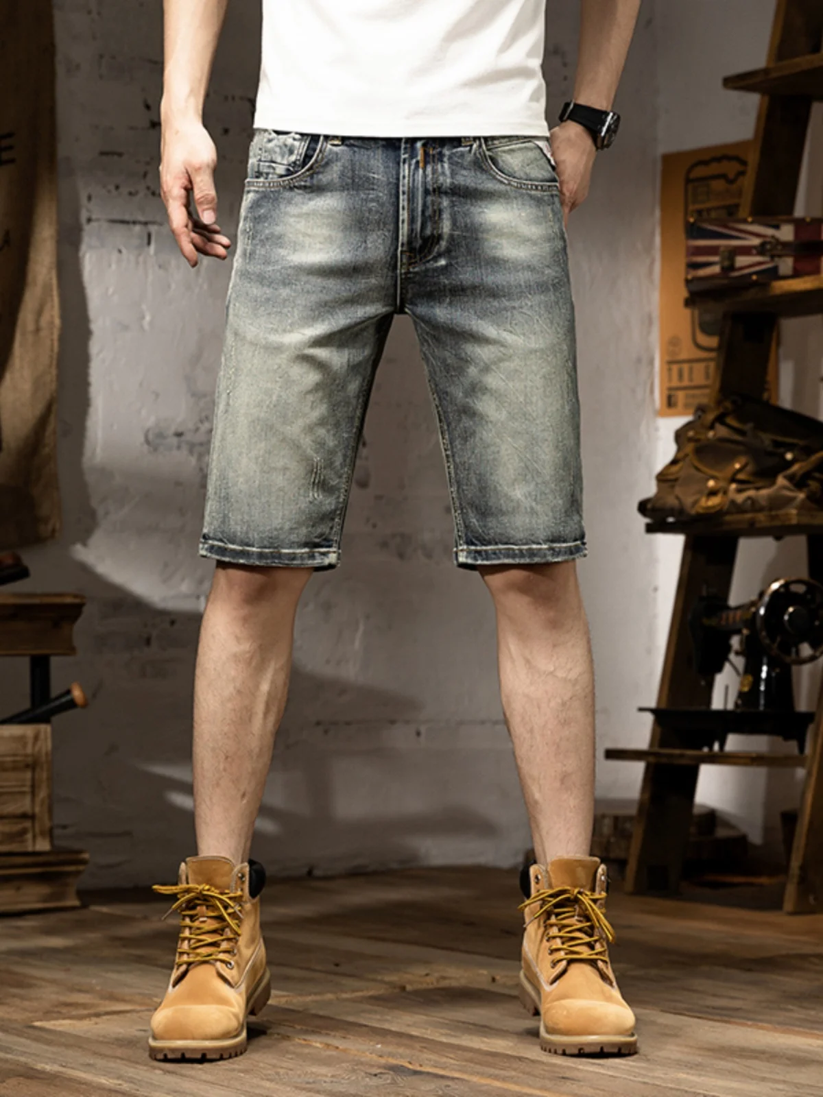 

Summer Vintage Men's Slim Fit Straight Leg Jeans Short Pants Casual Elastic Five Pocket mid Waist Cotton Stretch Denim
