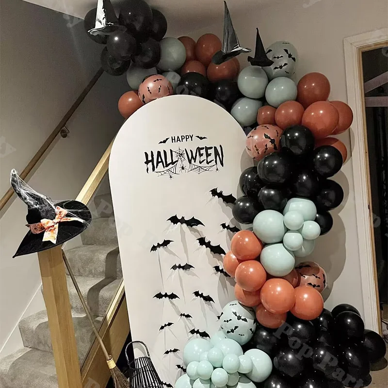 106/111pcs Matte Black and Orange Latex Balloon Set Happy Halloween Decoration Balloon scary Party Garland Kit Bat Stickers