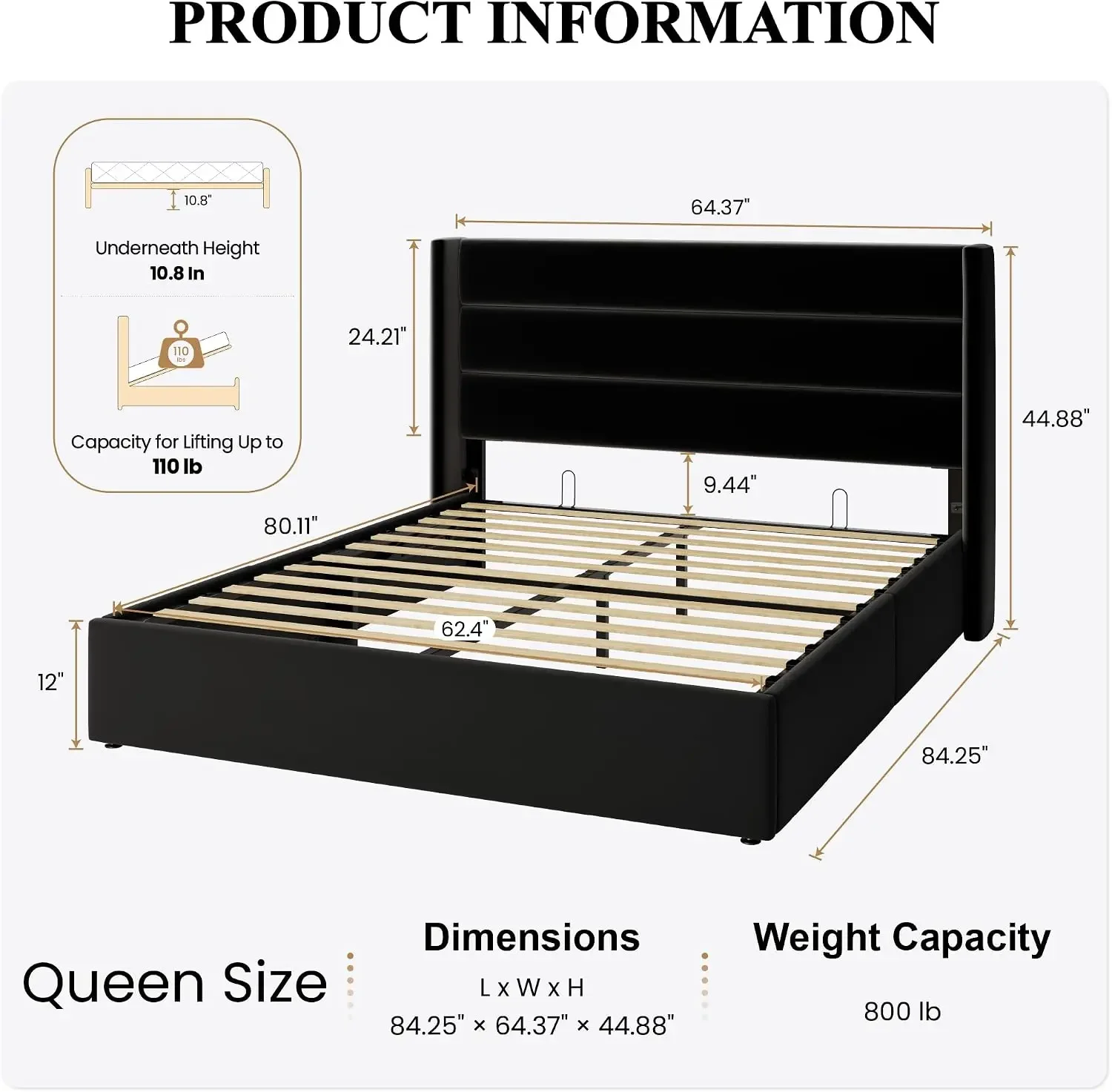 Queen Size Lift Up Hydraulic Storage Bed Frame Black | Modern Wingback Headboard, Upholstered Platform Bed Frame, Hydraulic