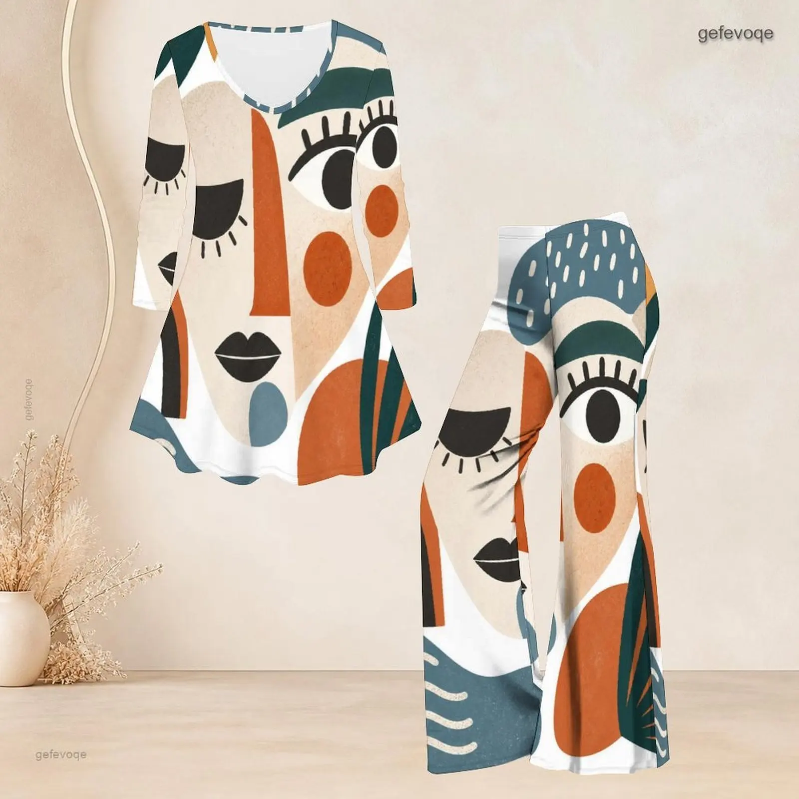 Printed Pants Set for Women Round Neck Three Quarter Sleeve Flared Top Flared Pants Two Piece