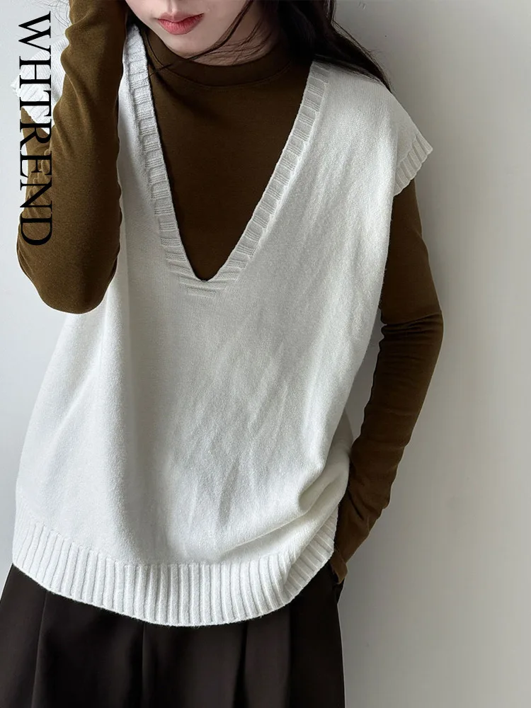 

WHTREND Korean Style V-Neck Layered Knitted Sweater Vest For Women, Autumn New Versatile Loose Vest WH1852