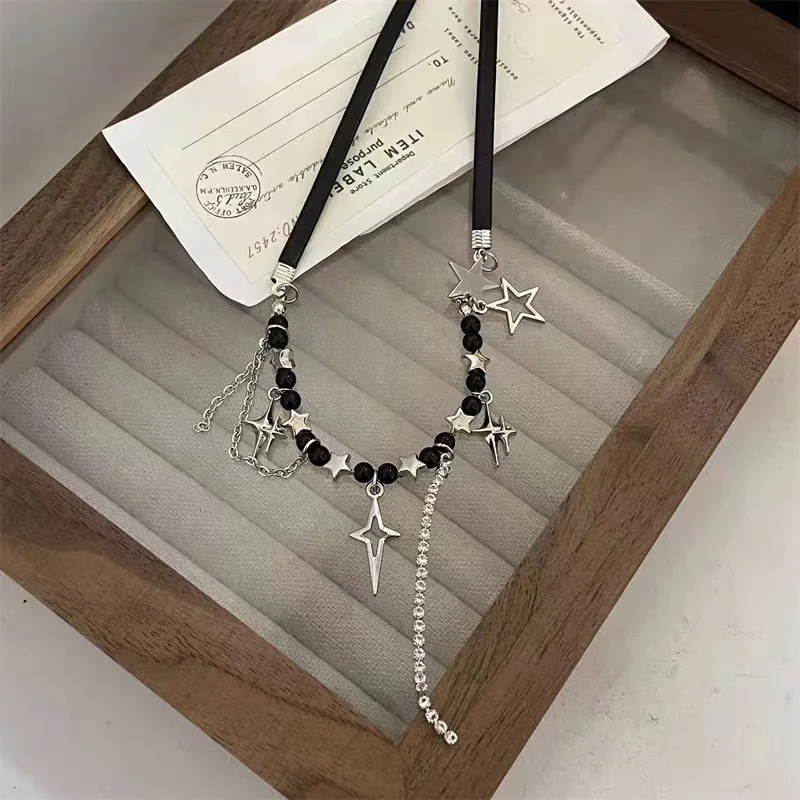 Goth Vintage Punk Harajuku Y2K Cross Pendant Beaded Rope Chain Choker Necklace For Girl Aesthetic EMO Grunge Jewelry Accessories