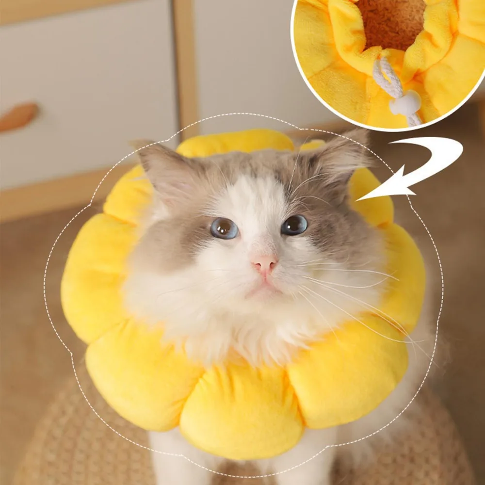 Soft Fabric Cat Cone Collar Adjustable Drawstring Sunflower Shape Cat Recovery Collar Anti Licking Elizabethan Collar Small Pets