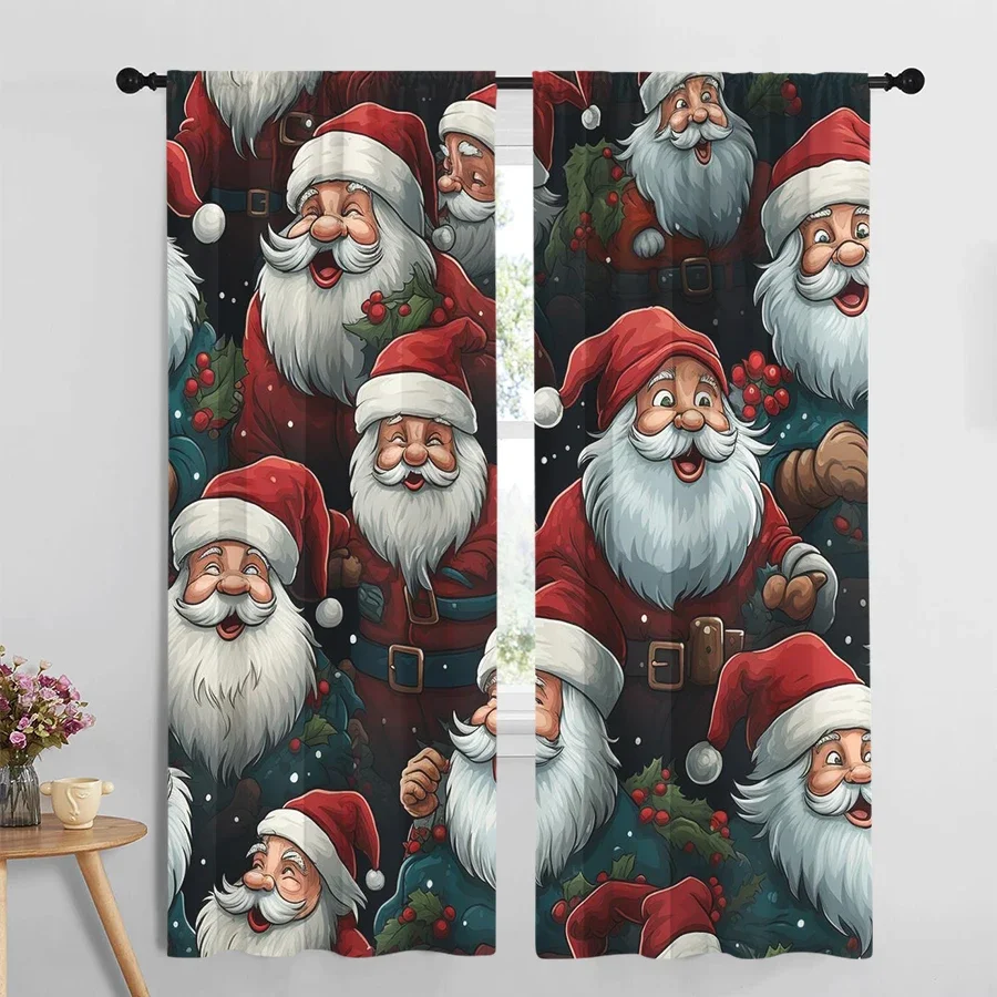 2PCS Santa Claus Pattern Curtains, Cartoon Face Collage Holly Berry Design, Fun Christmas Window Drapes for Bedroom Living Room
