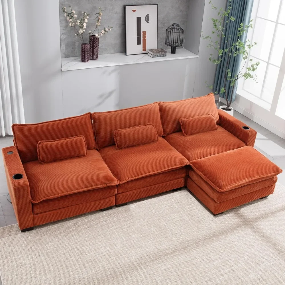 The L-shaped segmented sofa with cup holder and USB port, the modern 3-seater cloud sofa with double cushions and ottoman