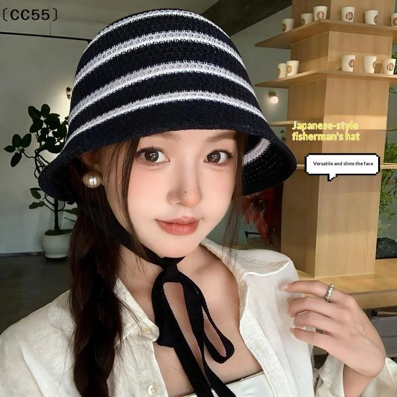 Fashion Colorful Striped Bucket Hat Hollow Out Foldable Sunshade Hat Knitted Breathable Basin Hat Women〔CC55〕
