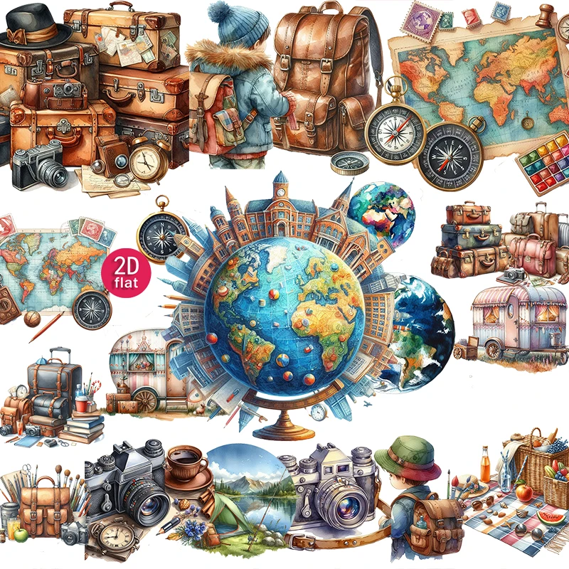20pcs 2D , Vintage Travel,  Style, Stickers, Suitable for diaries and DIY scrapbook stickers