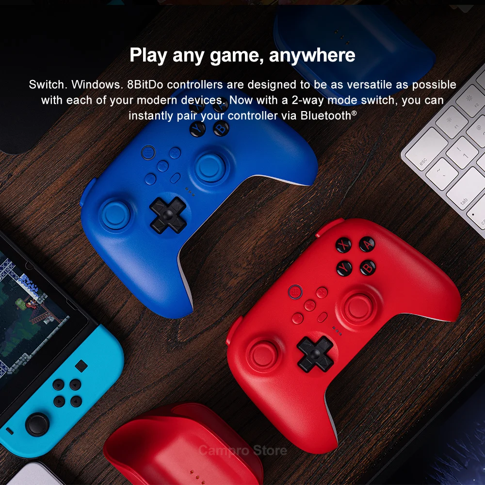 8bitdo Ultimate Bluetooth PC Nintendo SWITCH คอนโทรลเลอร์เกมแพดพร้อมแท่นชาร์จสีใหม่มีสีแดงสีน้ำเงิน