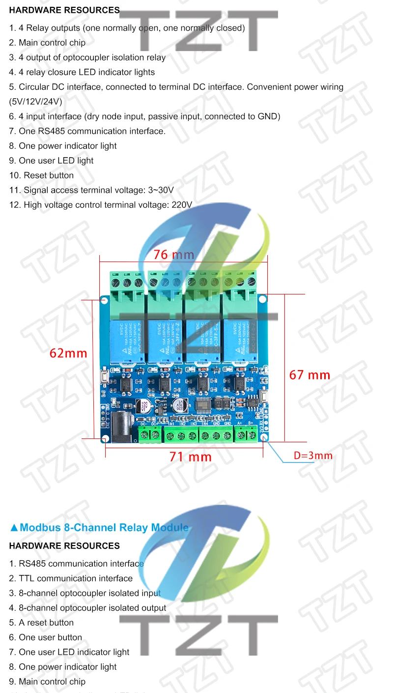 Modbus-RTU Relaismodul 1/1/2/4/8 Kanäle 10A 5V 12V 24V Schalter Eingang Ausgang Optokoppler-Isolation RS485 TTL – Detail 3