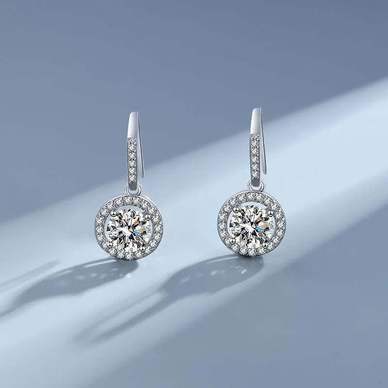 

Platinum Classic Round Bag Long Drop Earrings with Full Diamond Accent and Moissanite