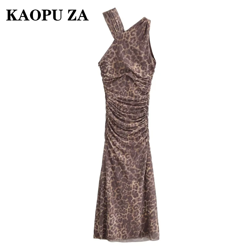 

KAOPU ZA 2024 New Summer Women's Casual Leopard Print Tulle Dress Sexy Draped Off Shoulder Chic Slim Dress