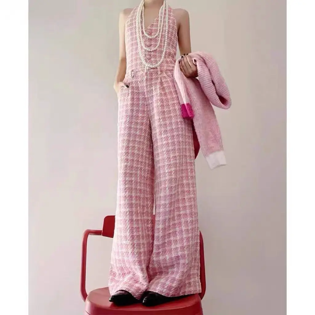 Tweed Weaving High Waist Loose Straight Leg Jumpsuit Pant Elegant Women Fall korean cloth overalls romper  one piece outfit 2024