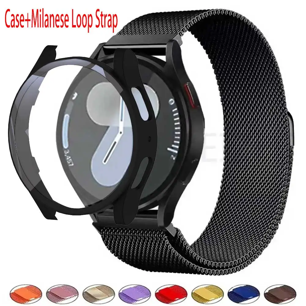 Glass Case+Strap for Samsung Galaxy Watch 7 6 5 4 40mm 44mm Milanese Loop 20MM Band PC Protector Cover Bumper Galaxy Watch 6 5 4