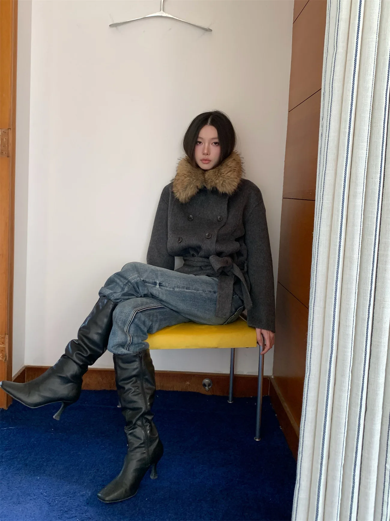 Mimiyu 100% Wool Double-breasted Short Double-sided Woolen Coat Women's Style Autumn Winter High-grade Korean Loose Fit Commute