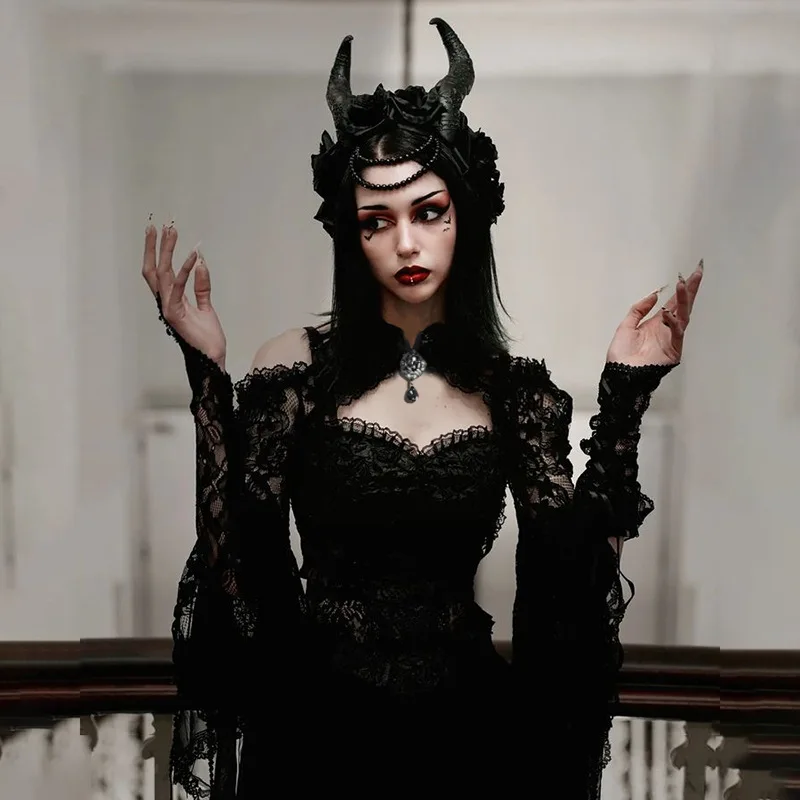 

New Dark Fashion Slim Fit Versatile Shoulder Princess Sleeve Lace Top For Women