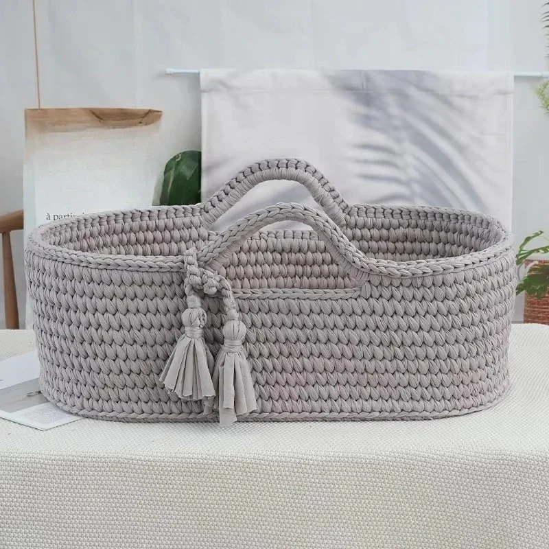 Double Layer Pure Hand-woven Solid Wood Baby Basket for Baby Diapers Storage Sleeping Cotton Rope Basket