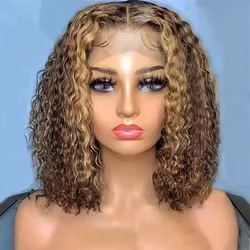 4/27 Deep Wave Short Bob Wigs Highlight Curly 13x4 Lace Front Wig Glueless Brazilian 100% Human Hair Wig Ombre Brown 14 16 Inch