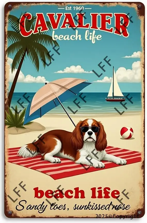 Vintage Metal Tin Sign Cavalier King Charles Spaniel Dog Beach Life Wall Art Poster Novelty