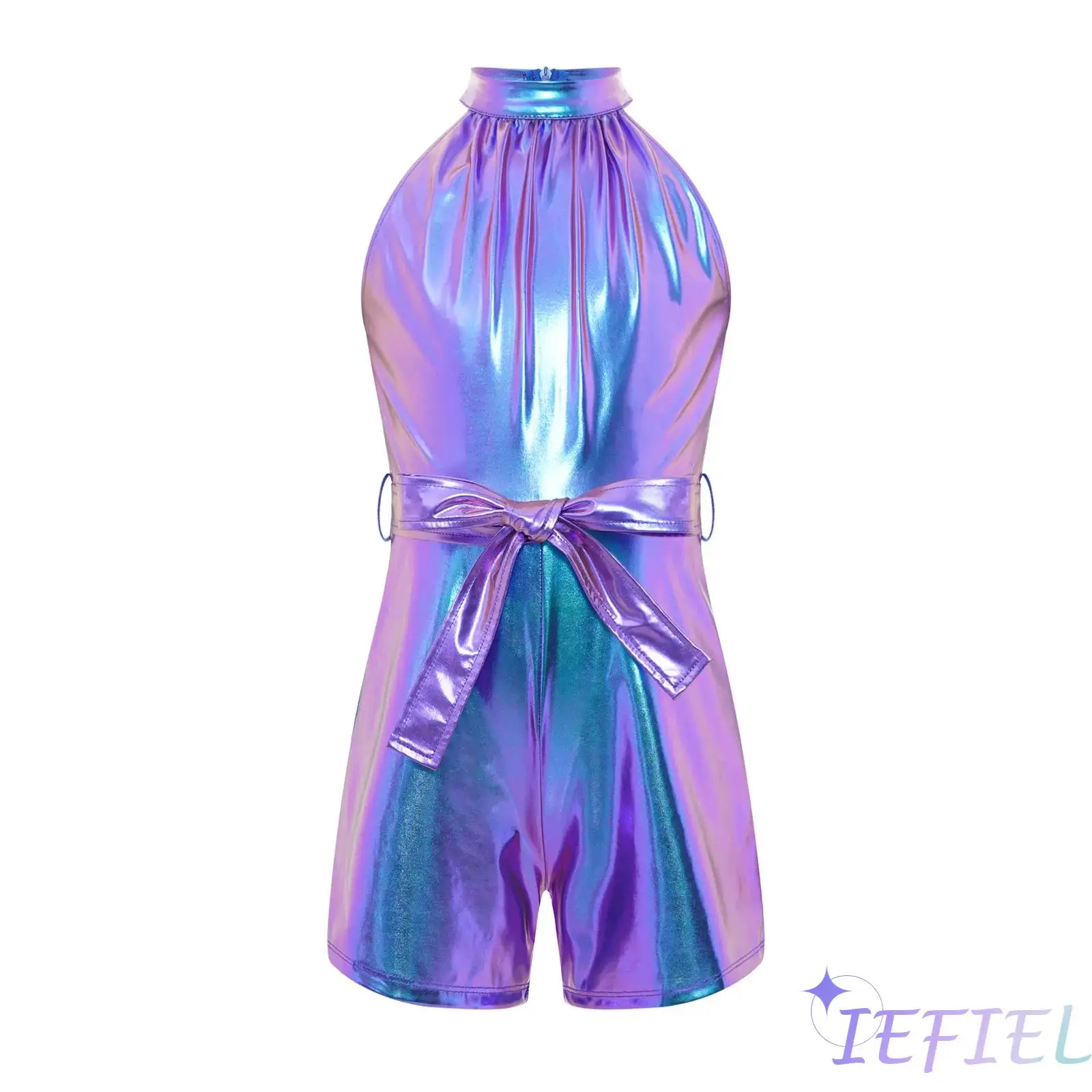 

Элегантные детские блестящие комбинезоны для джазовых танцев с эффектом металлик для девочек, комбинезон без рукавов с лямкой на шее и поясом для танго, одежда для латинских бальных танцев