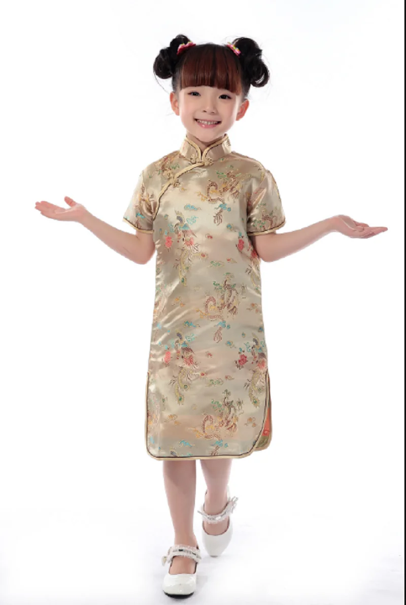 Gran oferta, nuevo traje Tang de satén de seda de alta calidad para niñas de estilo chino QiPao, disfraces Cheongsam estampados para niños, vestido de verano para niñas