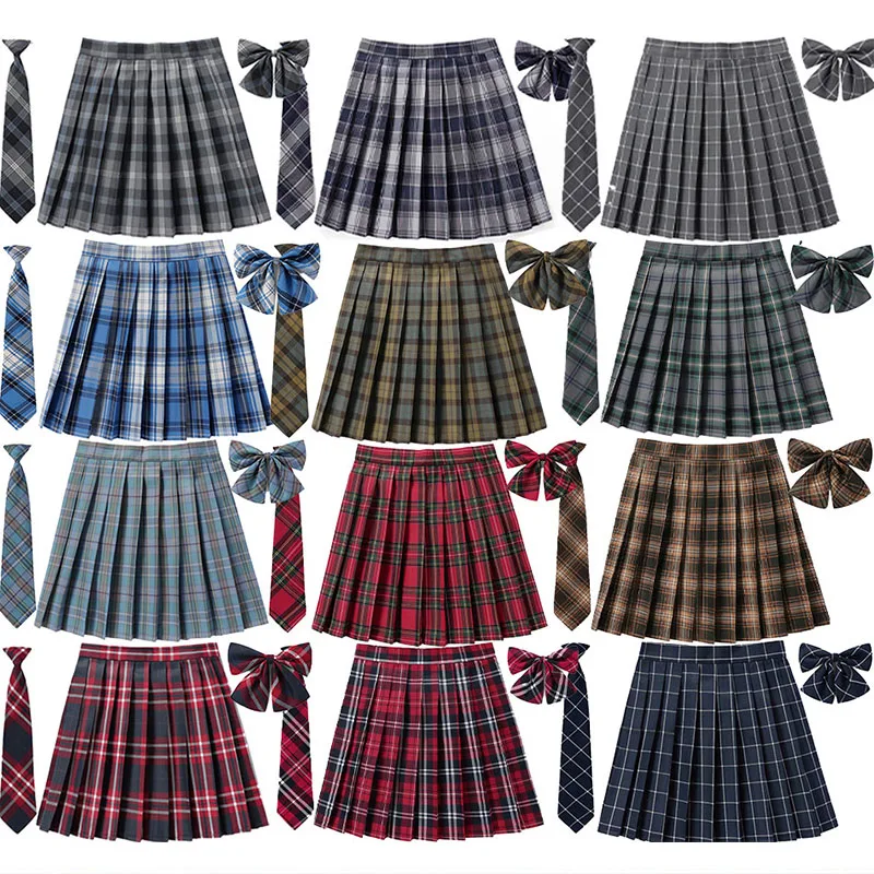 Women High Waist Pleated Skirt Plaid Necktie Summer New Harajuku Preppy Mini A Line Japanese School Uniforms Girls Kawaii Skirt