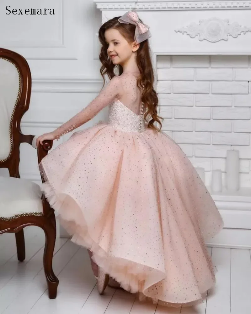 Sparkly Beaded High Low Girls Pageant Dresses Sequined Flower Girl Dress Tulle Long Sleeve Pageant Party Gown Customized