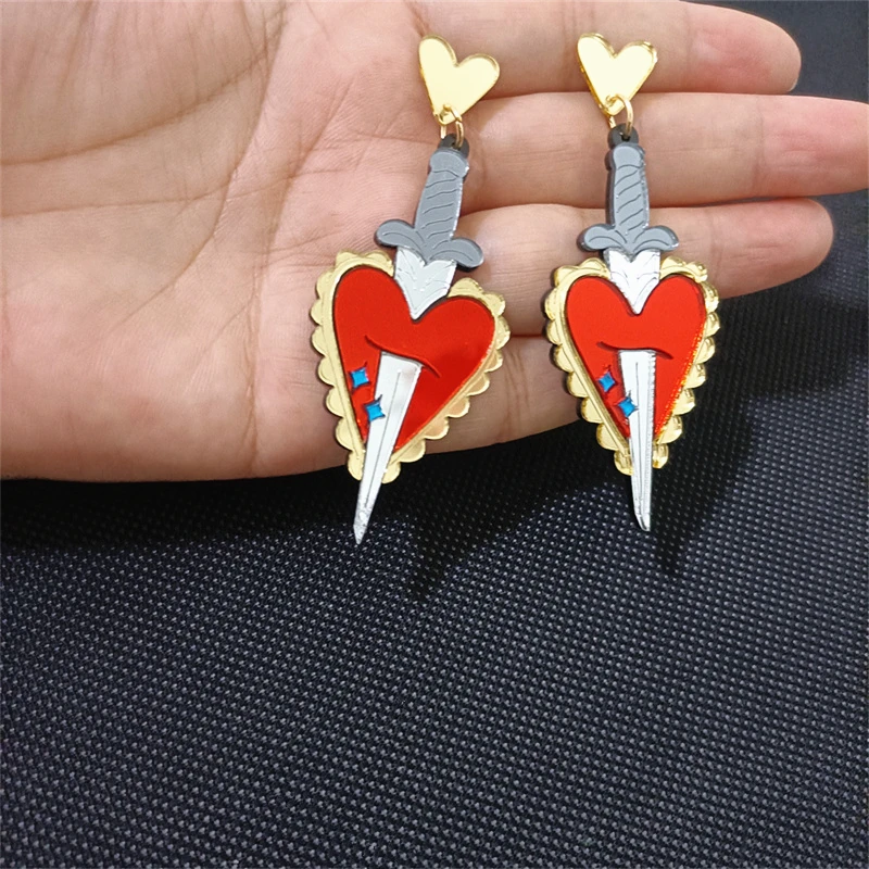 KUGUYS Stabbed Heart By Sword Earrings For Women Original and Funny Red Gold Color Mirror Classic Acrylic Jewelry Accessories