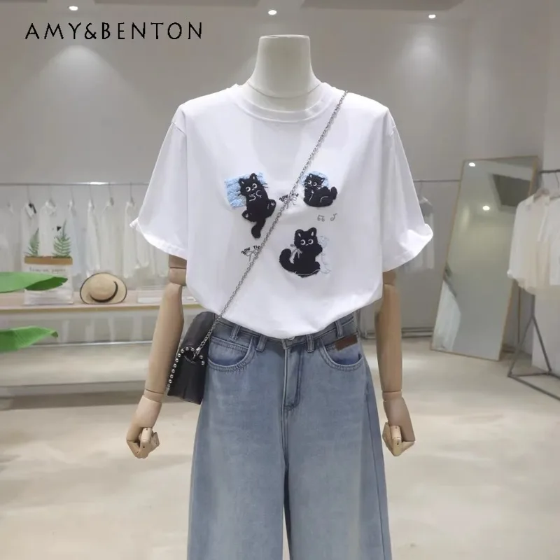 

Age-reducing Cartoon Flocking Embroidery Top Spring Clothing Loose And Thin Versatile Cotton O-neck Short-sleeved T-shirts Women