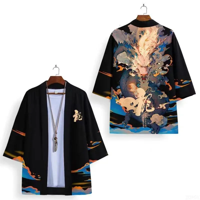 الرجال النساء نفس النمط Ukiyo-e النمط الصيني Longteng Douhe كيمونو فضفاض ثلاثة أرباع كم سترة ثلاثية الأبعاد الرقمية المطبوعة كيمونو