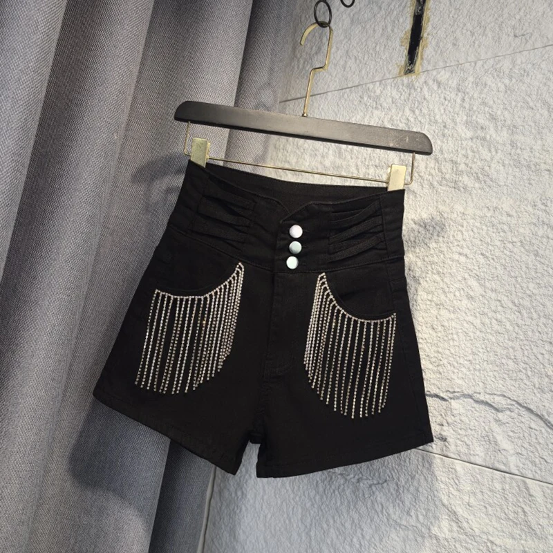 Black Denim Shorts For Women Vintage High Waist Heavy Rhinestone Fringe Hot Pants Sexy Summer Slim Fit Casual Shorts