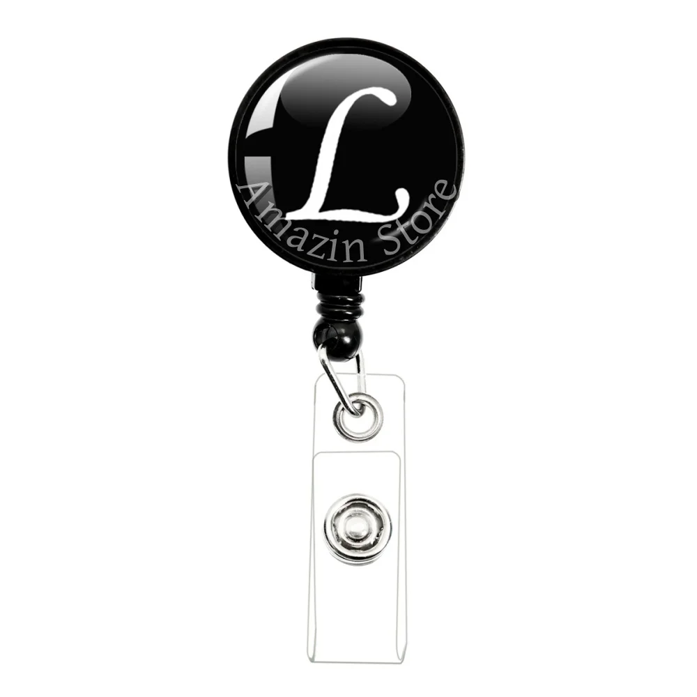 Black A-Z Brooch 26 English Letters Pin 30mm Glass Photo Cabochon Badge Brooches ID Name Card Display Tag Staff Card Badge Holde
