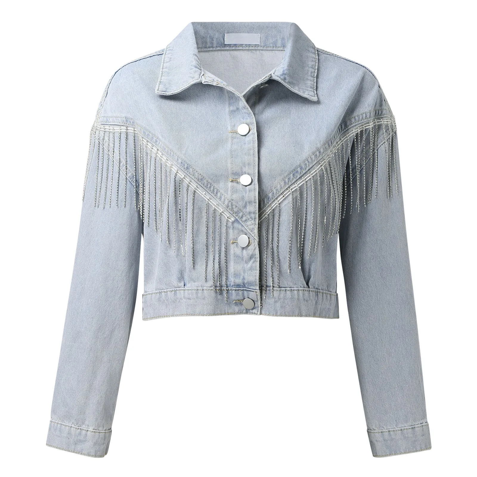 Cropped Denim Jacket With Rhinestones Tassel Autumn Crop Fringed Jeans Jacket 2023 New In Outerwear Korean Women's Denim Jackets