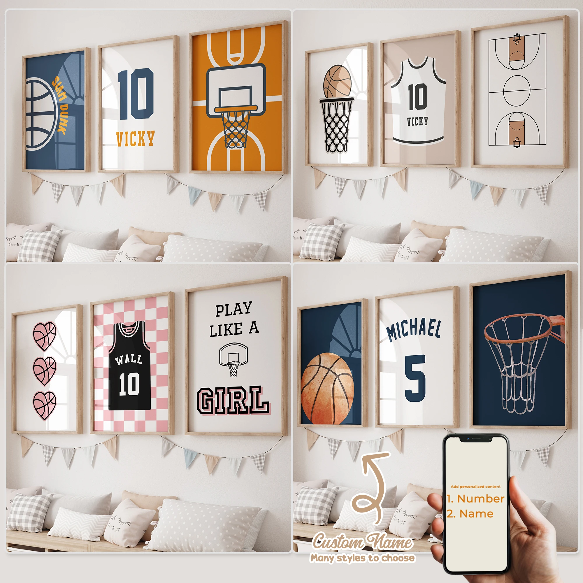 3pcs Personalized Custom Name Cartoon Basketball Wall Art Print Picture Canvas Poster Painting For Living Room Home Decor