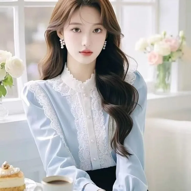 

Blue Aesthetic Lace Patchwork Blouses Spring Autumn Stand Collar Shirt Women Gentle Loose Trendy Fashion Blusas Mujer