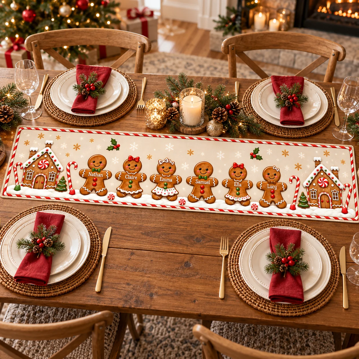 Christmas Gingerbread Man Table Runner Custom Family Name Xmas Table Flag, Winter Snowflake Candy House Tablecloth for Holiday