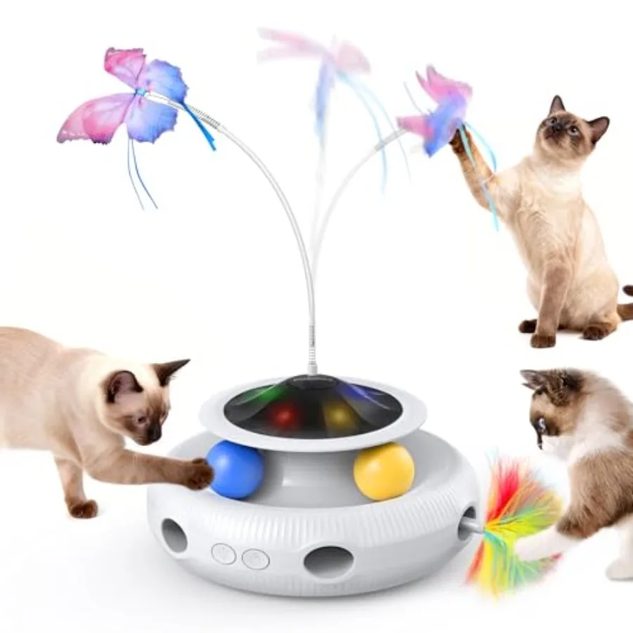 

Interactive Cat Toy 4 in 1 Automatic Interactive Kitten Toys for Indoor Cats Rechargeable with Fluttering Butterfly Track Balls
