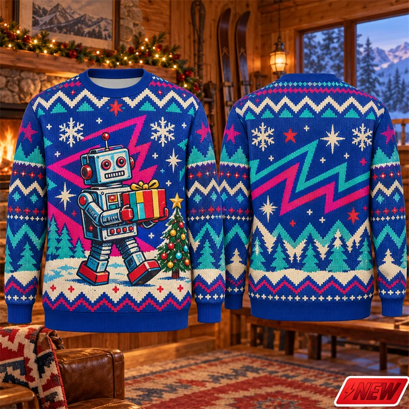 Retro Robot Christmas Gift Graphic Ugly Christmas Sweater Men Unisex 3D Print Snowflake Tree Sweatshirt Holiday Party Hoodie