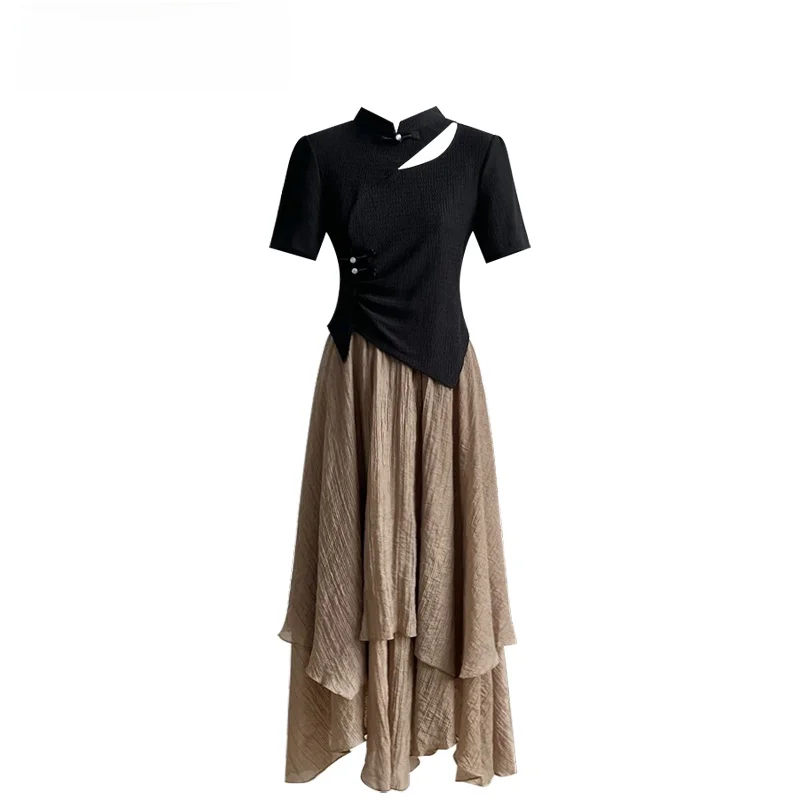 

New Chinese Style Summer Fashion Set for plus Size Women Short Sleeve T-Shirt And Skirt Two-Piece Set Comfortable Breath...