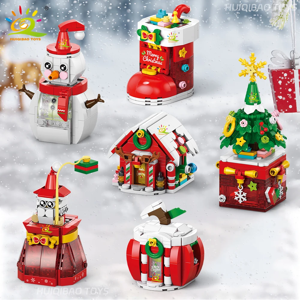 HUIQIBAO Christmas Apple Tree Santa Claus with LED Muisc Model Building Block DIY Snowman Bricks Toys for Children Adult Gift