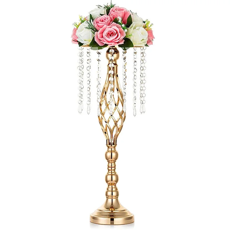 Metal Wrought Iron Flower Stand Crystal Acrylic Bead Hanging Flower Device Gold Electroplated Wedding Table Ornament