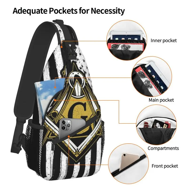 Masonic American Flag Sling Crossbody Chest Bag Men Casual Freemason Shoulder Backpack for Hiking