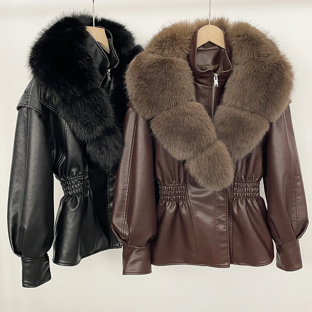 OFTBUY Neue Damen-Kunstlederjacke mit Übergroßem Kunstfuchsfell, Elastischem Bund und Puffärmeln - Luxuriöse Warme Winteroberbekleidung – Detail 13