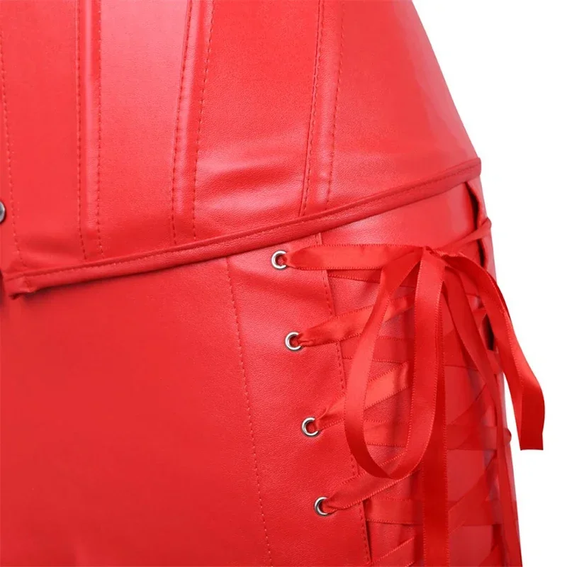 Damen Punk-Kleider mit Reißverschluss, Gothic Lederkorsett-Top, Lederkorsetts, Minirock, Sexy Damen-Lochkleid mit Schnürung, Plissiertes Cosplay-Kleid – Detail 8