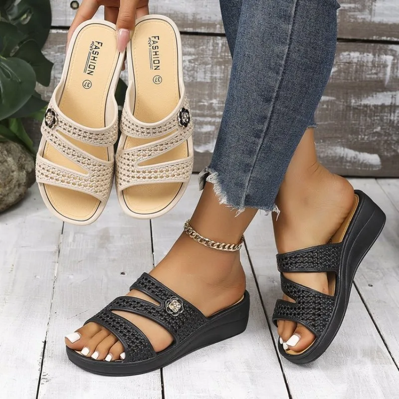 

Womens Wedge Sandals Summer Hollow Out Woven Flower Platform Slippers Open Toe Casual Beach Outdoor Shoes Non-slip Mules Ladies