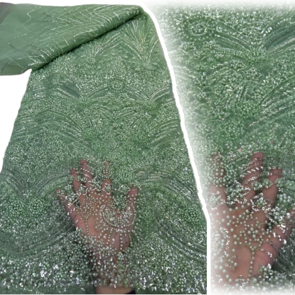 

Luxury French 2026 Hand-Embroidered Beaded Lace Fabric 5 Yards African Nigerian Sequins Lace Fabric Bridal Party Dresses 2350