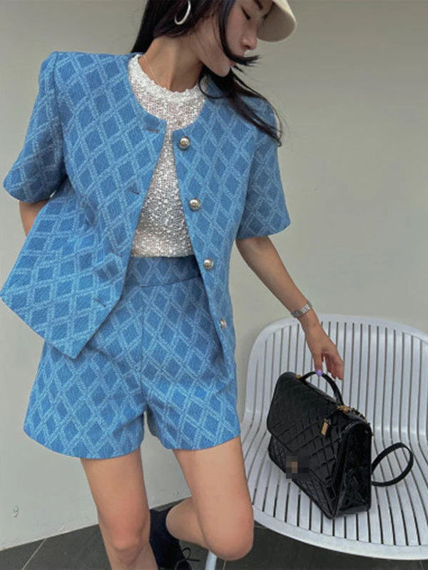 

Korean Style Women's Spring Short Sleeve Open Cardigan Top And Shorts Fashionable Diamond Grid Denim Set High Waist Short Pants