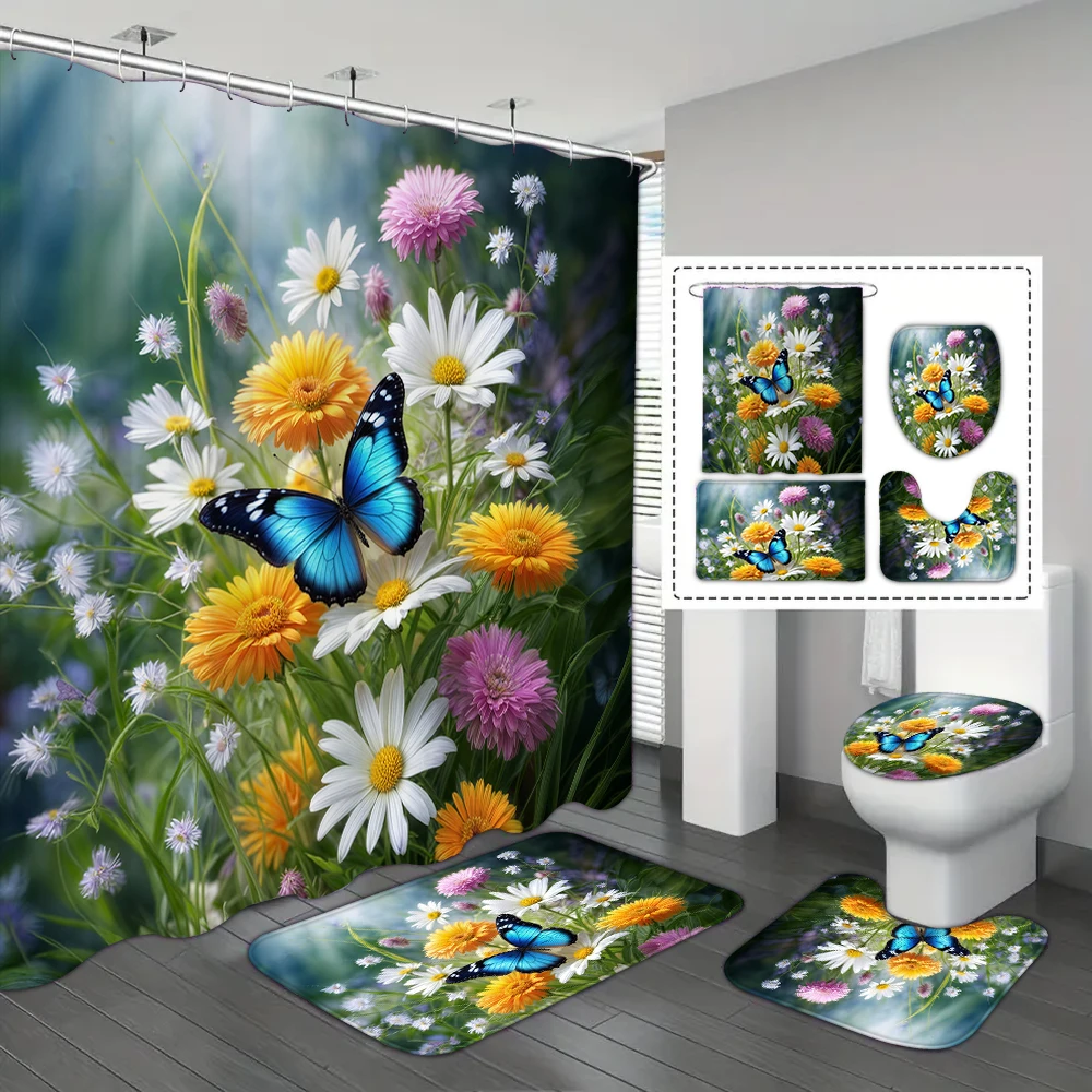 4-piece set of butterfly and daisy waterproof printed shower curtains with 12 hooks, bathroom floor mats