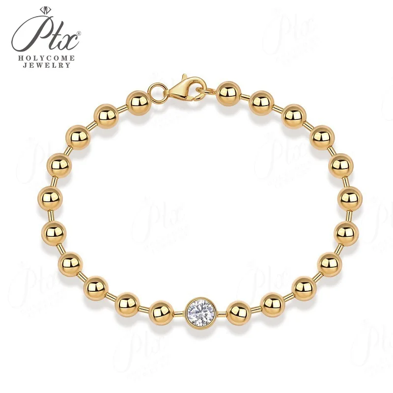 Moissanit-Armband, 925er Sterlingsilber, goldfarbene Perlenkette, 21 cm, elegantes Geschenk zum Geburtstag oder zum Jahrestag, feiner Schmuck von Holycome. – Detail 1